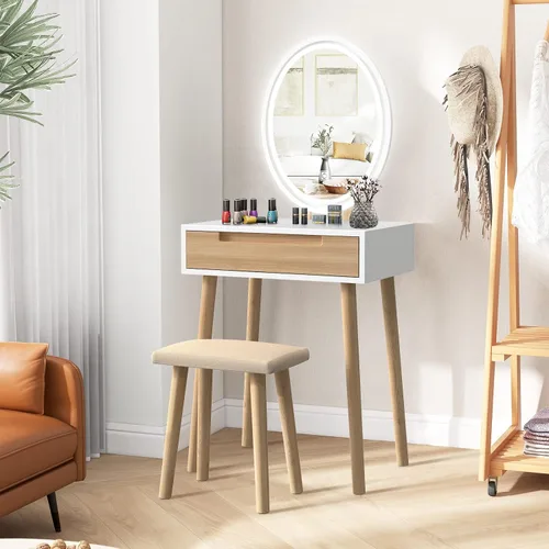 Vista 2 de Juego de mesa de maquillaje YOURLITE con espejo iluminado ajustable de 3 modos, taburete acolchado, mueble tocador para espacios pequeños Juego