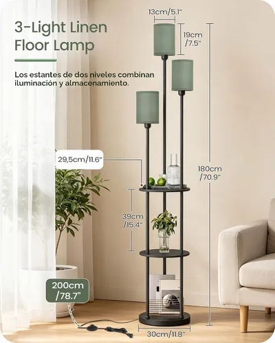 Vista 5 de Lámpara de pie con estantes, moderna lámpara de pie con 3 pantallas de lino e interruptor de pie, lámpara de pie de 3 luces, para sala de estar