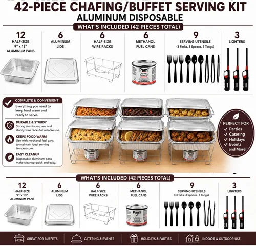 Vista 2 de Chafing Dish Buffet - Kit de servicio de 42 piezas con combustible, estantes, sartenes de aluminio, utensilios y encendedores