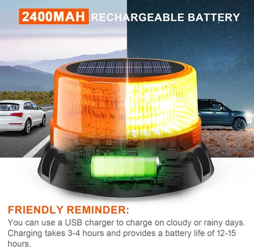 Vista 2 de AnTom Luces estroboscópicas LED solares inalámbricas, luz de baliza ámbar recargable impermeable con base magnética fuerte, advertencia de rotación