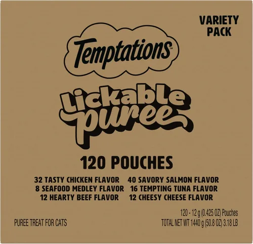 Vista 12 de Temptations Creamy Puree Golosinas Húmedas Exprimibles Lamibles para Gatos con Hígado de Res, Tubos de 0.42 oz., 4 Unidades, Paquete de 11 (44 Total)