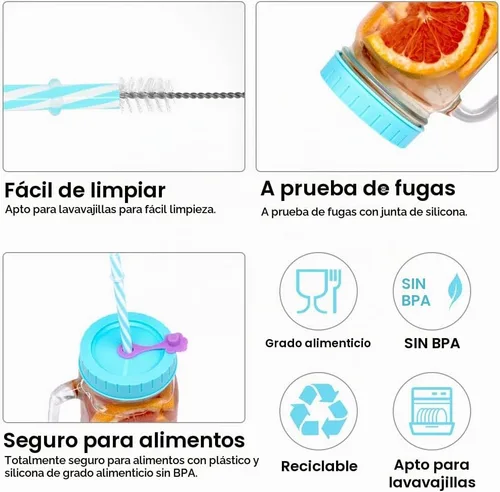 Vista 3 de REGULAR - Tapas de tarro de boca para bola, kerr, etc. con agujero para pajita, popotes, tapones de silicona, anillos, cepillo de limpieza, sin BPA