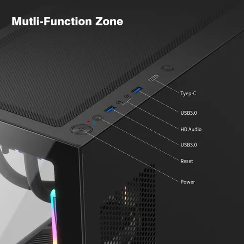 Vista 3 de RUIX OV603 ATX Mid-Tower PC Case, Caso de PC Gaming Espacioso de Alto Flujo de Aire con 4 x 120mm PWM ARGB Fans, USB 3.0 y Puertos Tipo-C, Vidrio