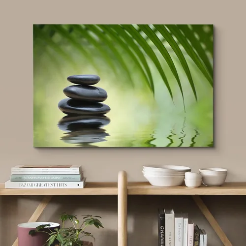 Vista 2 de Wall26 - Arte de pared estampado en lienzo con diseño de rocas negras en un lago tropical verde sereno, naturaleza floral, fotografía, realismo