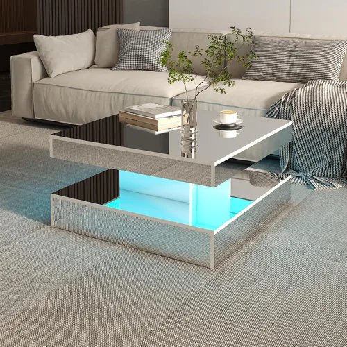 Vista 15 de HedoAjim Mesa de centro LED negra para sala de estar, mesa de sala de estar, mesas centrales cuadradas de 2 niveles, mesas de centro de madera
