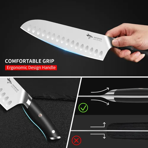 Vista 4 de Mad Shark - Cuchillo de chef profesional Santoku de 8 pulgadas, de acero inoxidable alemán de alto carbono, antiadherente, ultra afilado, con mango