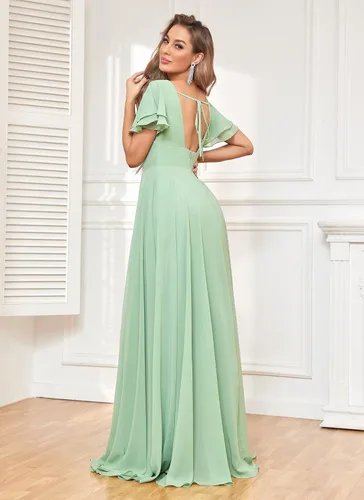 Vista 2 de Flutter Sleeves Bridesmaid Dresses for Women Chiffon V-Neck Pleated Formal Dress with Pockets Slit