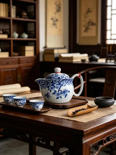 Vista 4 de Tetera pequeña de 12 onzas, tetera de porcelana azul y blanca con filtro de acero inoxidable para té suelto (flores de maceta embellecen)