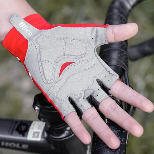 Vista 7 de Guantes de ciclismo transpirables para bicicleta de montaña, guantes acolchados de gel de medio dedo, guantes de ciclismo para hombres y mujeres que