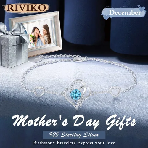 Vista 2 de RIVIKO Pulsera con dije de corazón para mujer, plata de ley 925 con circonitas, eslabones ajustables para madre, esposa, hermana, cumpleaños