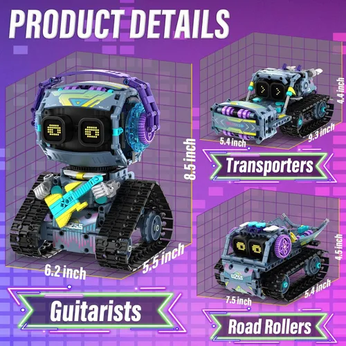 Vista 5 de Kit de construcción de robot STEM, 3 en 1 juguetes robóticos controlados por control remoto y aplicación, set de bloques de construcción de robots