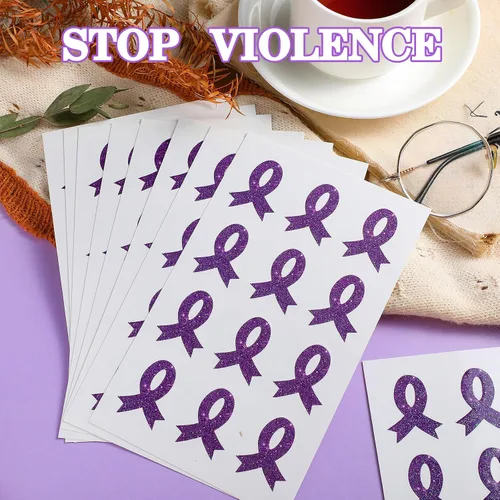 Vista 4 de 20 hojas de 240 piezas de cinta morada con brillantina, tatuajes de concienciación sobre violencia doméstica, tatuajes temporales, lupus