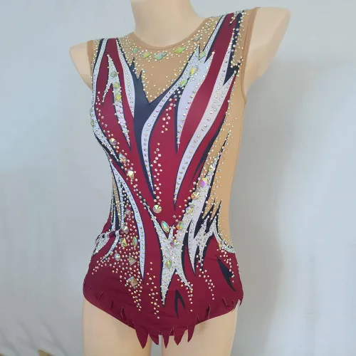 Vista 4 de LIUHUO Leotardo de gimnasia rítmica con patrón de diamantes rojos para niñas, sin mangas, rendimiento de competición