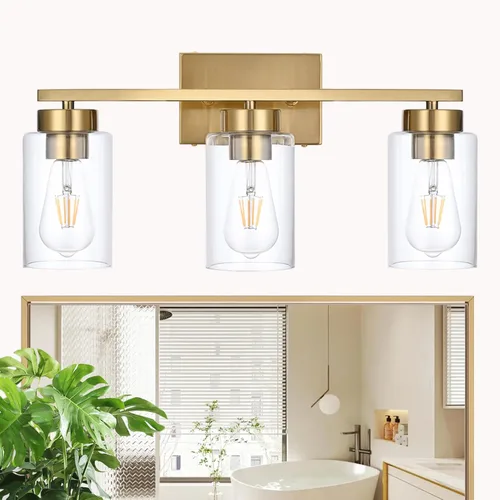 Vista 11 de Lámpara de tocador de baño de 3 luces, modernas luces de pared negras con pantallas de vidrio transparente, lámpara de pared de baño para espejo 3