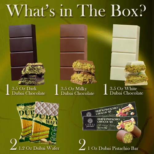 Vista 2 de Paquete Variado de Chocolate Dubai – 7 unidades, 3 de Chocolate con Leche, Oscuro y Blanco + 2 Obleas Dubai + 2 Mini Barras – Elegante Caja