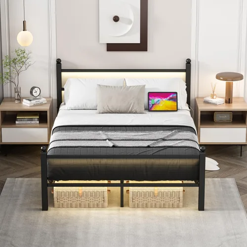 Vista 8 de Jenmit - Estructura de cama de tamaño completo con estación de carga y luces LED, estructura de cama de plataforma metálica con cabecera y pie
