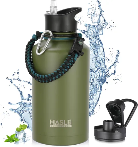 Vista 52 de HASLE OUTFITTERS Botella de agua aislada de 22 onzas, botella de agua de acero inoxidable de doble pared de boca ancha con tapa de popote y tapa