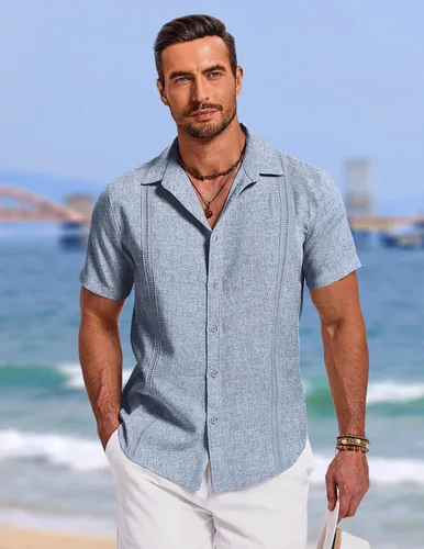 Vista 2 de COOFANDY Camisas de guayabera cubana para hombre, camisas de playa de verano, camisas casuales de manga corta, camisas de boda para vacaciones