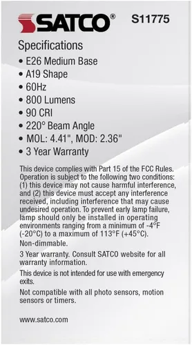 Vista 7 de Satco Bombilla LED S11775 9W 120V A19; Base mediana E26; CCT seleccionable; acabado blanco; 90 CRI (4 bombillas LED)