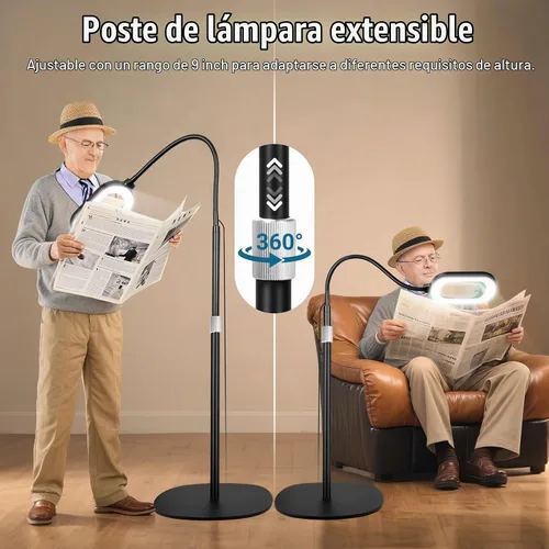 Vista 4 de Lupa grande con luz y soporte, lente de vidrio real óptico rectangular de 10X, lámpara de pie de lupa de cuello de cisne ajustable en altura, 5 Negro