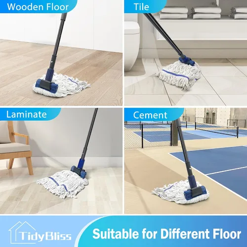 Vista 7 de TidyBliss Trapeador Comercial de Servicio Pesado, Mango Largo de 57.5 Pulgadas, Trapeador Industrial de Cuerda con Extremo de Bucle Grande, Azul