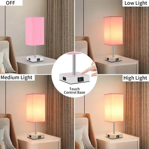 Vista 2 de Lámpara de mesa con control táctil, 3 modos regulables, puertos USB C+A y tomacorriente, lámpara de noche para decoración de dormitorio y sala