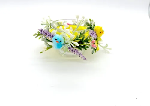 Vista 5 de Easter Floral and Yellow, Pink and Blue Chicks Candle Holder for Easter and Spring Table Decorations on Glass Candle Holder Glass Base - Set of 2