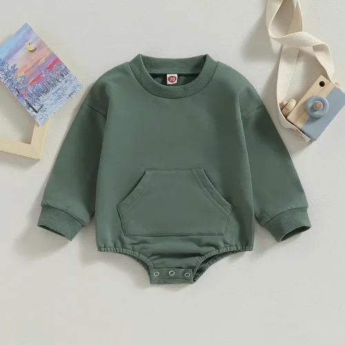 Vista 4 de Hoanselay Mameluco básico de manga larga con bolsillo liso para recién nacido, para otoño