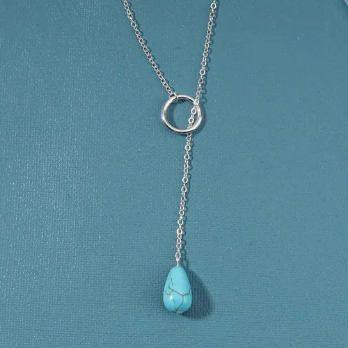 Vista 4 de Allereyae Collar vintage turquesa con forma de gota en Y, collar de círculo de karma, collar de lágrima, turquesa y lariat, collar de plata