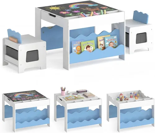 Vista 15 de Costzon - Juego de mesa y sillas para niños, escritorio de actividades multifuncional de madera para niños pequeños con mesa reversible, cajones