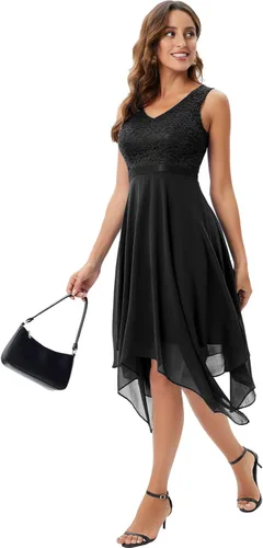 Vista 6 de Meetjen - Vestido de encaje floral para mujer, clásico, acampanado, con dobladillo, formal, para cóctel