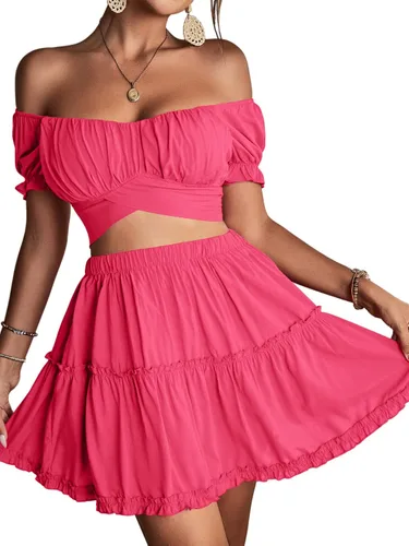 Vista 4 de LYANER Conjunto de 2 piezas para mujer con estampado floral y hombros descubiertos y minifalda