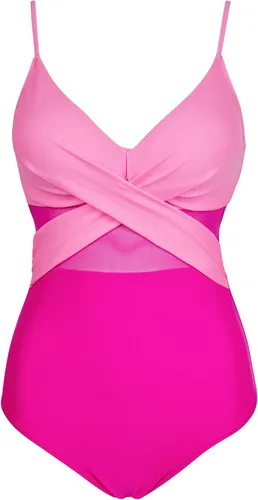 Vista 2 de OMKAGI Traje de baño de una pieza entrecruzado frontal para mujer, cuello en V, malla con control de abdomen