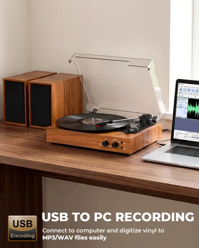 Vista 3 de Tocadiscos de vinilo vintage con altavoces estéreo externos, tocadiscos de 3 velocidades con entrada Bluetooth, grabación USB a PC, parada