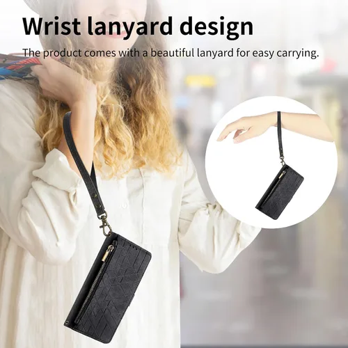 Vista 5 de Asuwish Funda para teléfono Samsung Galaxy A04e con protector de pantalla de vidrio templado y correa para la muñeca de cuero con cremallera