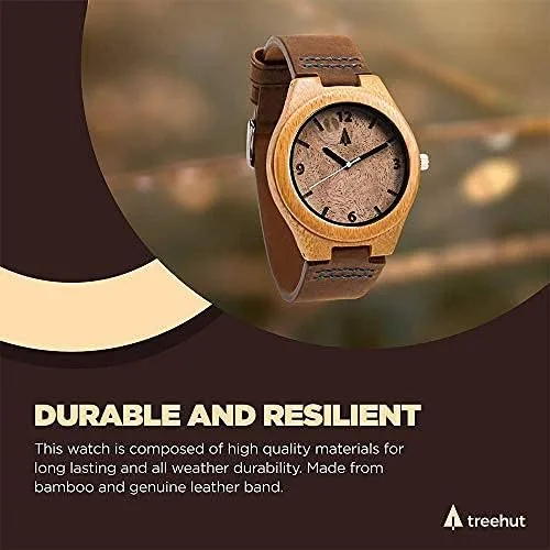 Vista 6 de Treehut Reloj de madera de bambú de nogal para hombre con correa de cuero marrón genuino analógico de cuarzo con movimiento Miyota, 1.3 pulgadas..