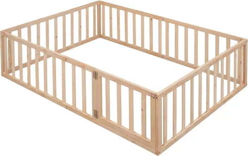 Vista 6 de Cama de plataforma de tamaño matrimonial con valla, marco de cama de piso de madera maciza con puerta, marco de sofá cama de tamaño matrimonial