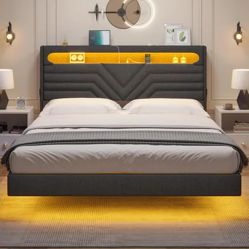 Vista 7 de HAUOMS - Base de cama flotante LED tamaño matrimonial con cabecera de almacenamiento, color gris oscuro Upholstered Full Platform Bed Frame with