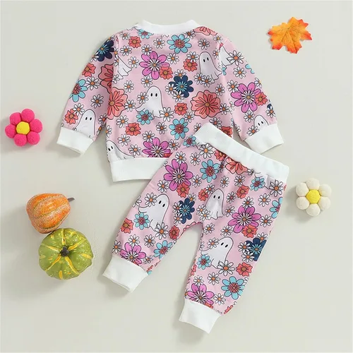 Vista 3 de Child Comfortable Playwear Halloween Toddler Girl's Long Sleeved Floral Print Top And Pant Suit Suit For 0 To 3
