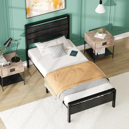 Vista 9 de VINGLI Base de cama de plataforma individual con cabecero y estribo LED, estación de carga USB, cama de panel de metal con espacio de almacenamiento