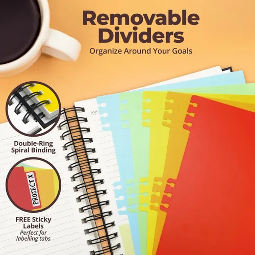 Vista 4 de Cuaderno de espiral encuadernado en cuero de tapa dura de 8x10 pulgadas con divisores removibles - Negro - 300 páginas Cuaderno de 5 asignaturas