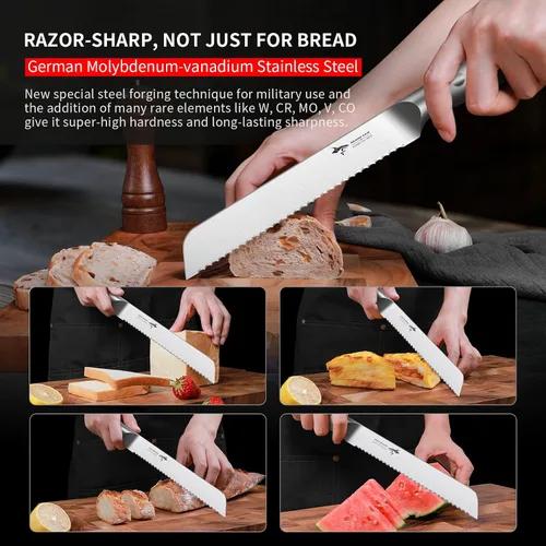 Vista 3 de MAD SHARK Cuchillo de pan de 8 pulgadas, hoja afilada de acero alemán de molibdeno y vanadio, cuchillo de pan dentado profesional para pan casero