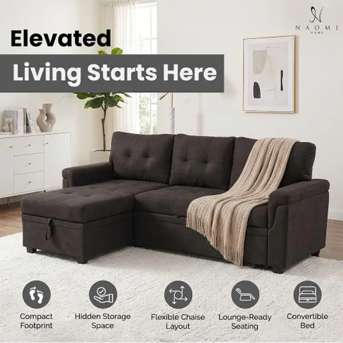 Vista 3 de Naomi Home - Sofá seccional en forma de L con almacenamiento y cama extraíble – Sofá cama convertible 3 en 1, sofá pequeño en forma de L para sala