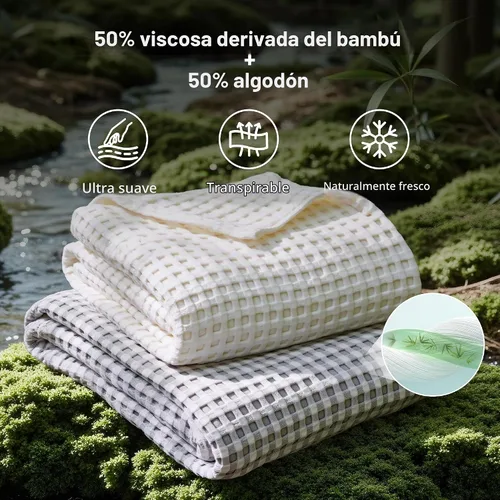 Vista 2 de Bedsure - Manta de rayón con diseño de punto gofre para personas que duermen con calor, manta ligera y transpirable derivada del bambú, fundas de 01