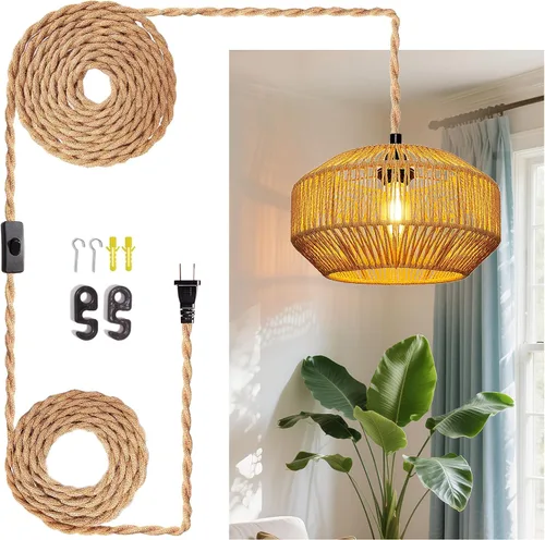 Vista 10 de Lámpara colgante con cable de enchufe con interruptor de encendido y apagado, luces colgantes de ratán, lámpara de techo bohemia, lámpara colgante