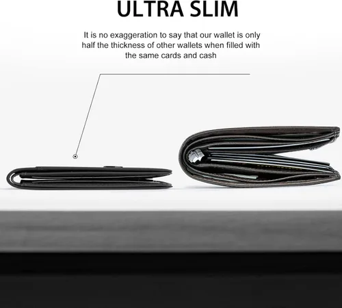 Vista 2 de GSOIAX Billetera delgada para hombre minimalista de cuero genuino fibra de carbono con bloqueo RFID de cuero vacuno plegable con caja de regalo