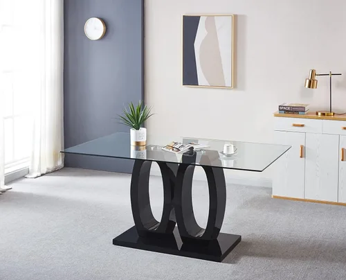 Vista 5 de Mesa de comedor rectangular moderna de vidrio, mesa de cocina de vidrio con parte superior de vidrio templado transparente y pedestal de base doble