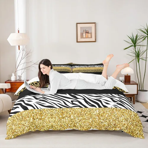 Vista 33 de Juego de funda de edredón para niños, tamaño individual, diseño de cebra y leopardo con purpurina, decoración de habitación para niñas y mujeres
