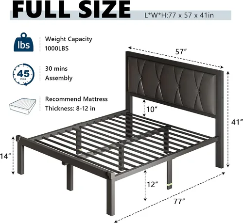 Vista 2 de GalnFu Base de cama de tamaño matrimonial con cabecera capitoné con botones, plataforma tapizada de piel sintética, marco de cama de metal