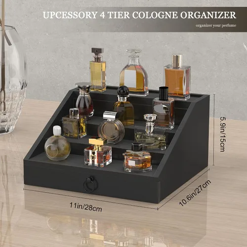 Vista 5 de upcessory Organizador de colonia de madera para hombres, estante mejorado de colonia de 4 niveles, organizador de perfumes con cajón forrado